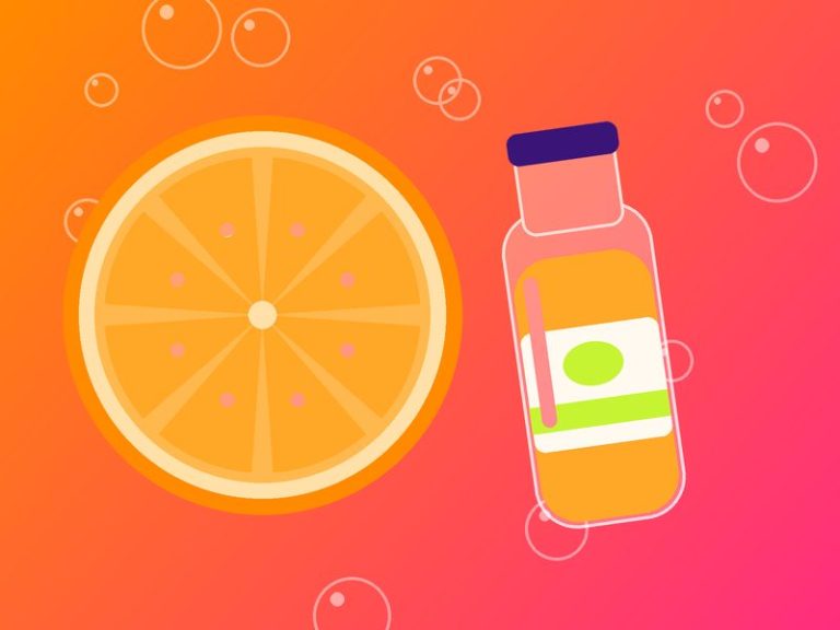 Illustration of fresh fruit and a juice bottle