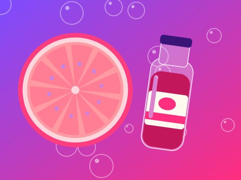 Illustration of fresh fruit and a juice bottle