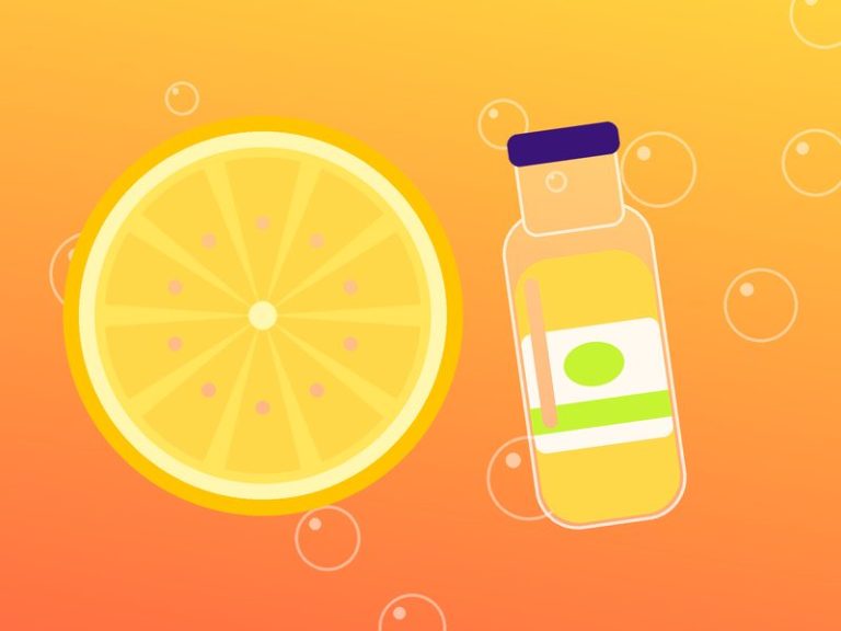 Illustration of fresh fruit and a juice bottle