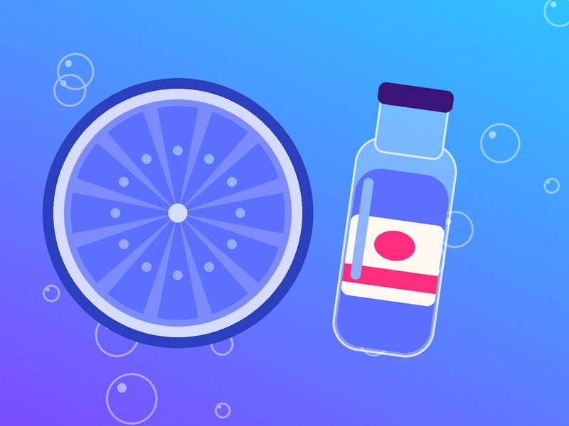 Illustration of fresh fruit and a juice bottle