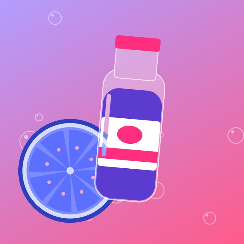 Illustration of fresh fruit and a juice bottle