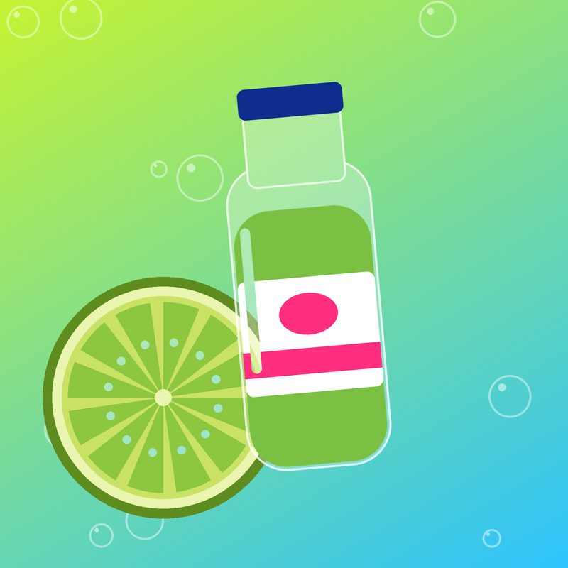 Illustration of fresh fruit and a juice bottle
