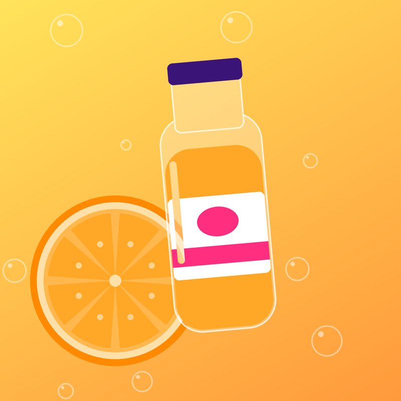 Illustration of fresh fruit and a juice bottle