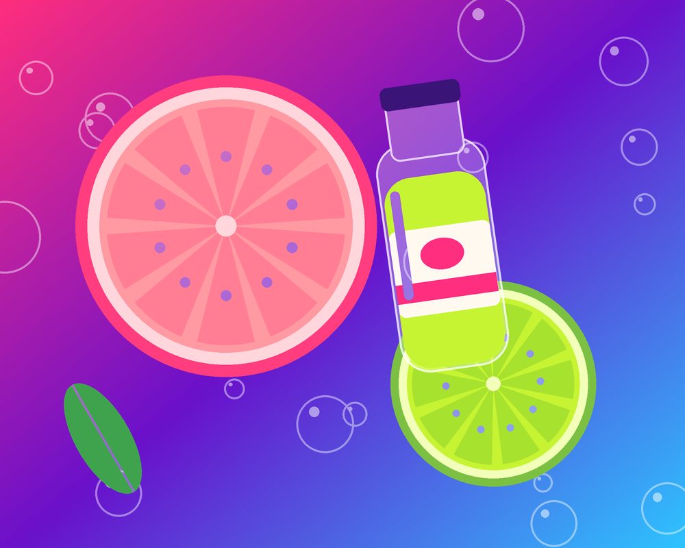 Illustration of fresh fruit and a juice bottle