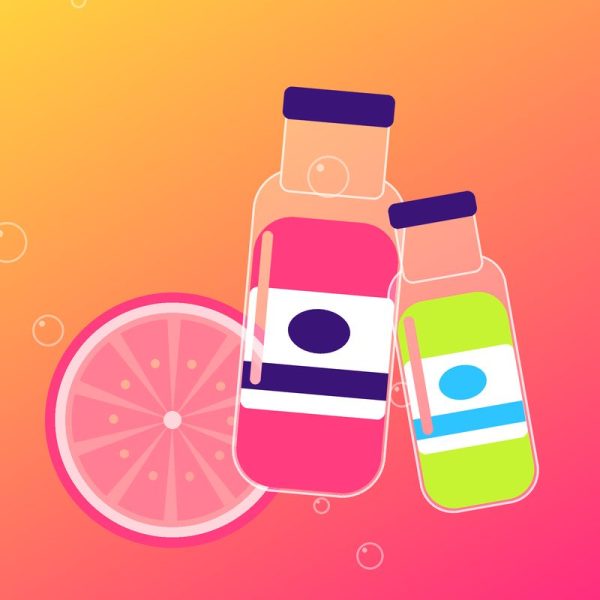 Illustration of fresh fruit and a juice bottle